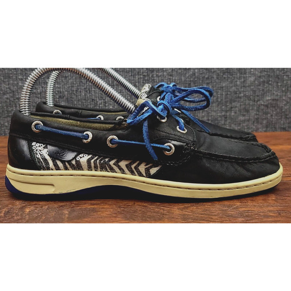 Sperry Shoes - Sperry Top Sider Boat Shoes Womens 6.5 Black Leather Blue Trim Casual